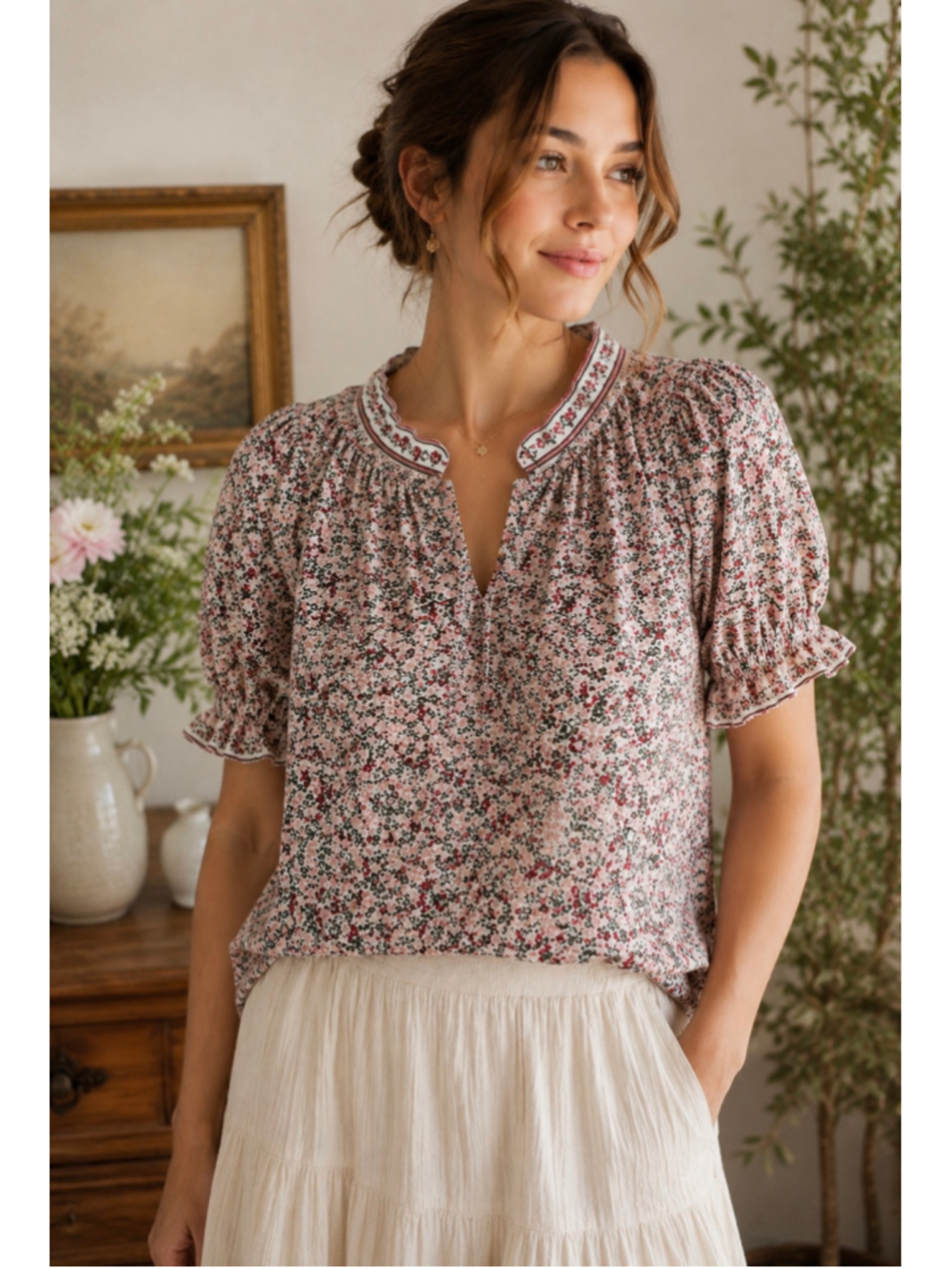 MAX STUDIO Floral Peasant Blouse Women’s Small Boho Cottagecore Prairie Top Puff